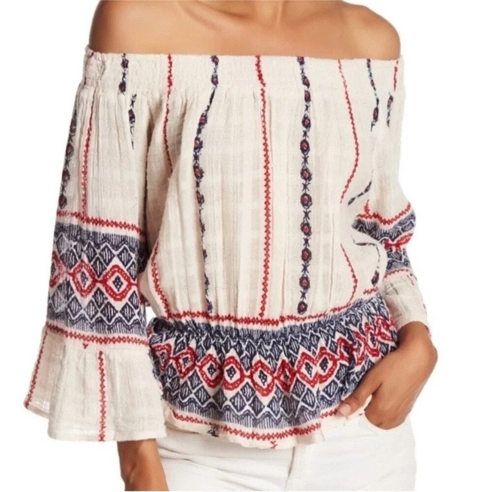 Raga Amalia Ivory Tribal Print Gauze Off The Shoulder Boho Peasant Top M